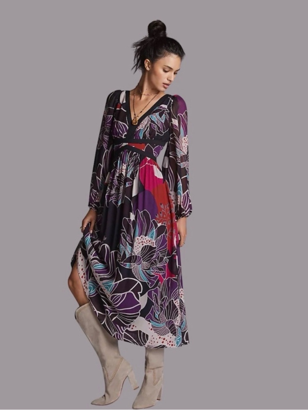 Anthropologie Let Me Be Floral Midi Dress Black Red Purple
